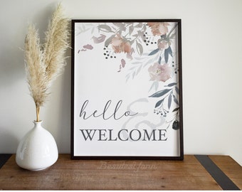Floral Hello and Welcome Sign with Watercolor Leave and Flower for Wedding Shower and Event, Foyer Hallway Art, New Home Decor