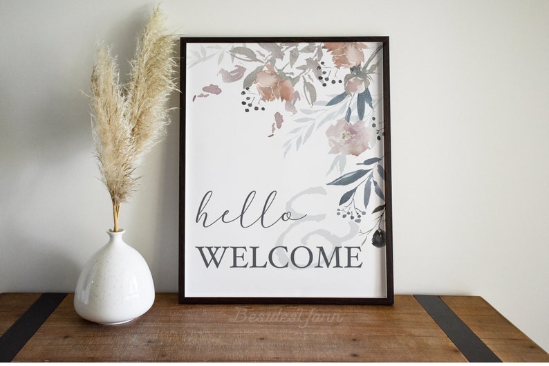 Floral Hello and Welcome Sign with Watercolor Leave and Flower for Wedding Shower and Event, Foyer Hallway Art, New Home Decor image 1