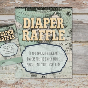 Diaper Raffle Ticket Printable with Matching Sign for Antique Vintage World Map Theme Baby Shower, Welcome to the World