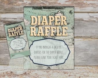 Vintage World Map Diaper Raffle Ticket & Sign (Digital Download)