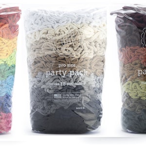 May include: Three bags of colorful yarn for making potholders. Each bag contains 18 potholders and is labeled "pro size party pack".