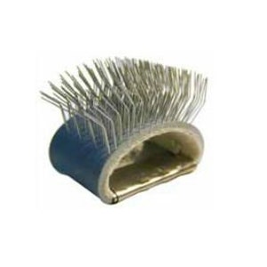 May include: A blue and silver brush with a curved handle and a row of bristles. The brush is designed for cleaning and polishing.