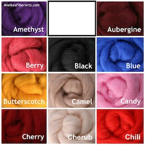May include: A collection of 12 wool roving colors, including Amethyst, Aubergine, Berry, Black, Blue, Butterscotch, Camel, Candy, Cherry, Cherub, Chilli, and White. Each color is shown in a separate square.