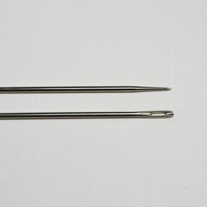 May include: Two silver sewing needles, one with a blunt end and the other with an eye for threading.