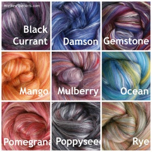 May include: Nine different colors of hand-dyed fiber, each with a unique color blend and name. The colors are Black Currant, Damson, Gemstone, Mango, Mulberry, Ocean, Pomegranate, Poppyseed, and Rye.