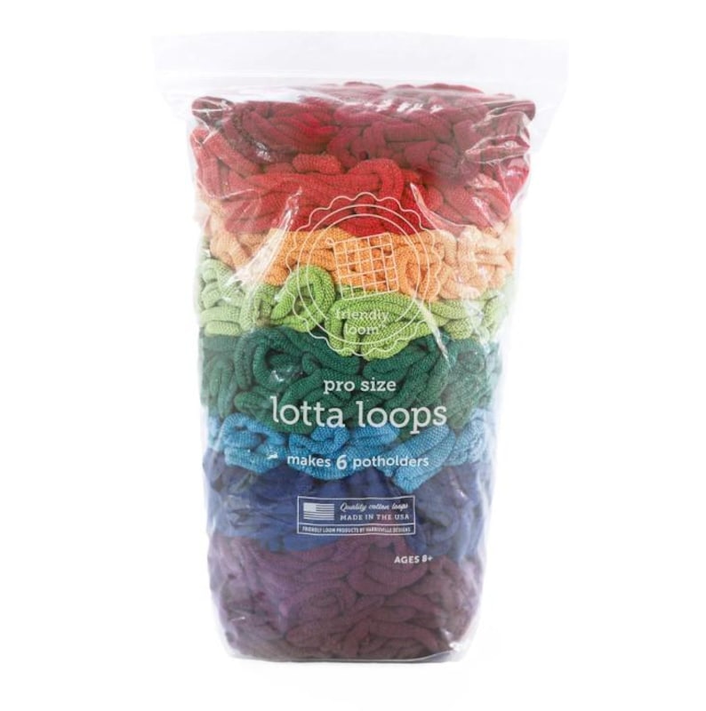 May include: A clear plastic bag filled with colorful, rainbow-hued fabric loops. The bag features text that reads "pro size lotta loops" and "makes 6 potholders." The loops are arranged in a gradient of colors, from red to purple.