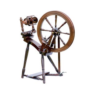 May include: A wooden spinning wheel with a large brown wheel and a smaller wheel with a spindle. The spinning wheel has a wooden base with three legs.