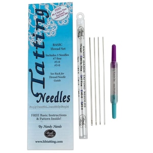 May include: A set of three tatting needles in a clear plastic tube. The needles are labeled #7 fine, #5-0, and #3-0. The tube is labeled "Handy Hands Tatting Needles". The set also includes a small, purple and blue tool with the text "Handy Hands Inc. www.hhtatting.com".