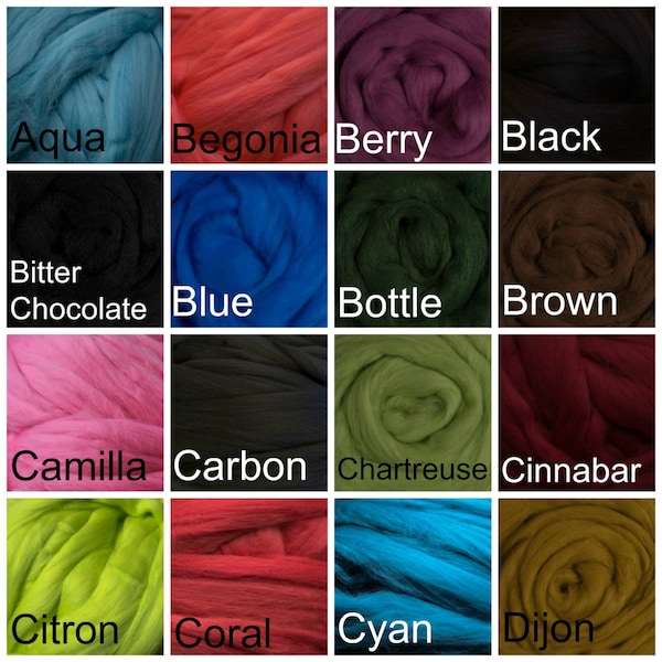 4 oz Merino Wool Top Roving- Choose from 70 colors! Great spinning fiber, wool roving, felting fiber. Fine Soft Dyed Sheep's Wool Fiber.