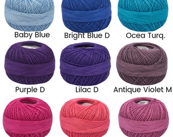 May include: Nine balls of yarn in various colors, including baby blue, bright blue, ocean turquoise, purple, lilac, antique violet, azalea, salmon, and English rose.