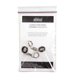 May include: Two silver sliding flyer hooks for Ashford spinning wheels. The hooks are 14mm (9/16 inches) in size and are designed to fit all Ashford sliding hook flyers. The hooks are packaged in a clear plastic bag with a white label that includes the Ashford logo and product information.