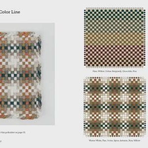K&ouml;nnte beinhalten: Eine Seite mit dem Titel Designer Color Line, die ein gewebtes Stoffmuster mit einem Karomuster in Orange-, Gr&uuml;n- und Wei&szlig;t&ouml;nen zeigt, neben vier digitalen Rasterdarstellungen von Farbkombinationen, darunter Pine, Willow, Cedar, Burgundy und White.