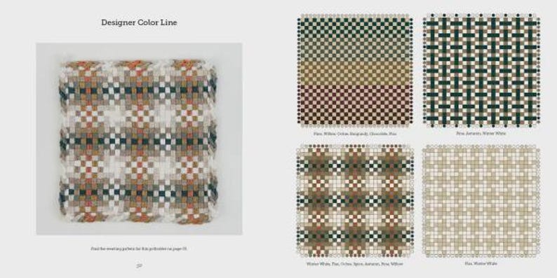 K&ouml;nnte beinhalten: Eine Seite mit dem Titel Designer Color Line, die ein gewebtes Stoffmuster mit einem Karomuster in Orange-, Gr&uuml;n- und Wei&szlig;t&ouml;nen zeigt, neben vier digitalen Rasterdarstellungen von Farbkombinationen, darunter Pine, Willow, Cedar, Burgundy und White.