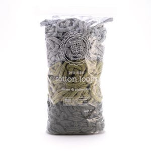 May include: A clear plastic bag filled with gray and olive green cotton loops for making potholders. The bag has a label that reads "friendly loom pro size cotton loops" and "makes 6 potholders". The product is made in the USA and is for ages 8+.