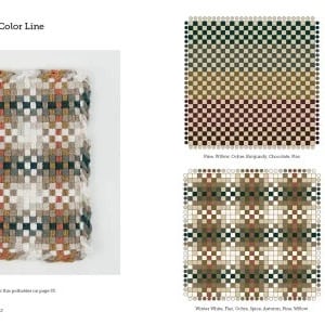 K&ouml;nnte beinhalten: Eine Seite mit dem Titel Designer Color Line, die ein gewebtes Stoffmuster mit einem Karomuster in Wei&szlig;-, Braun-, Gr&uuml;n- und Oranget&ouml;nen zeigt, sowie vier Rasterdiagramme mit Farbkombinationen, beschriftet mit Pine, Willow, Ochre, Marigold, Chocolate, Flax, Juniper, Winter White und Winter White Tan.