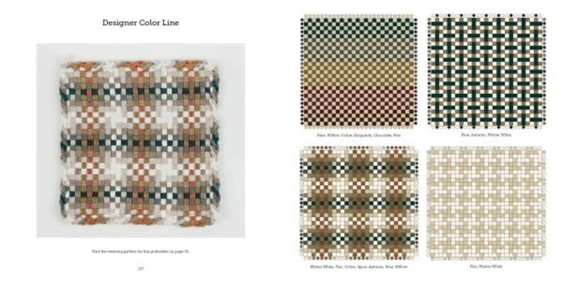 K&ouml;nnte beinhalten: Eine Seite mit dem Titel Designer Color Line, die ein gewebtes Stoffmuster mit einem Karomuster in Wei&szlig;-, Braun-, Gr&uuml;n- und Oranget&ouml;nen zeigt, sowie vier Rasterdiagramme mit Farbkombinationen, beschriftet mit Pine, Willow, Ochre, Marigold, Chocolate, Flax, Juniper, Winter White und Winter White Tan.