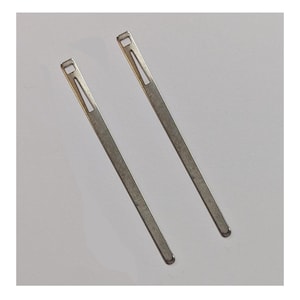 May include: Two silver-colored, flat knitting needles are displayed against a white background. Each needle has a rectangular eye at the top and a rounded tip. The needles are angled slightly away from each other.