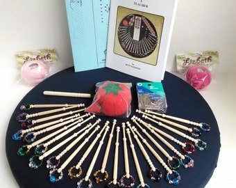 Bobbin Lace Kit with Spangled Bobbins, Beginner Bobbin Lace Set up, everything you need to start bobbin lacing, Pillow, Book, Bobbins, Pins