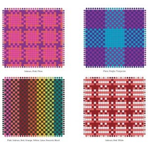 K&ouml;nnte beinhalten: Eine Sammlung von acht quadratischen Webmustern mit verschiedenen Farbkombinationen, darunter Regenbogenstreifen, rosa-violette Karos, blau-t&uuml;rkisfarbene Webmuster und rot-wei&szlig;e Gitter, jeweils umrandet von einer Reihe kleiner farbiger Punkte.