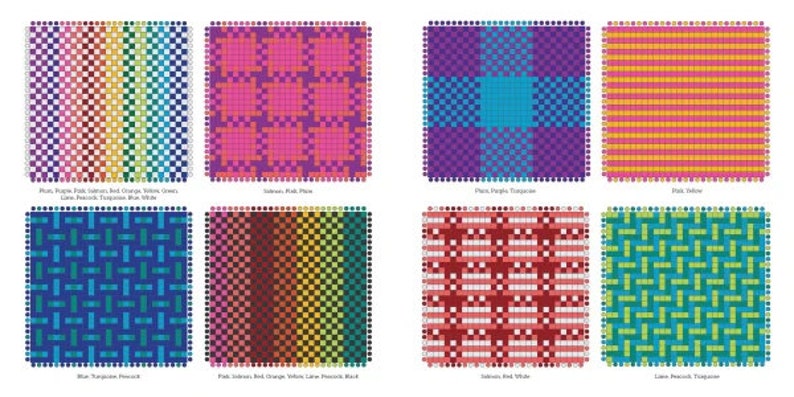 K&ouml;nnte beinhalten: Eine Sammlung von acht quadratischen Webmustern mit verschiedenen Farbkombinationen, darunter Regenbogenstreifen, rosa-violette Karos, blau-t&uuml;rkisfarbene Webmuster und rot-wei&szlig;e Gitter, jeweils umrandet von einer Reihe kleiner farbiger Punkte.