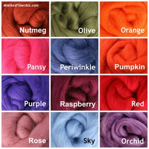 May include: A collection of 12 wool rovings in various colors, including nutmeg, olive, orange, pansy, periwinkle, pumpkin, purple, raspberry, red, rose, sky, and orchid.