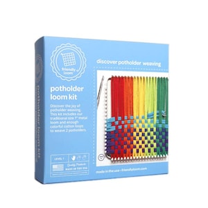 May include: A blue box with a rainbow potholder loom kit. The box says "discover potholder weaving" and "potholder loom kit". The kit includes a 7-inch metal loom and enough colorful cotton loops to weave two potholders.