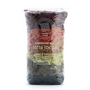 May include: A bag of traditional size "lotta loops" yarn in four colors: dark green, light green, brown, and orange. The bag is labeled "friendly loom" and says "makes 6 potholders".