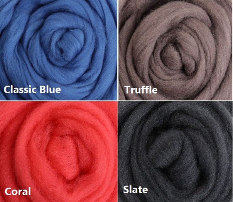 May include: Four samples of wool roving in different colors: classic blue, truffle, coral, and slate.