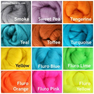 May include: A collection of 12 wool rovings in various colors, including smoke, sweet pea, tangerine, teal, toffee, turquoise, yellow, fluro blue, fluro lime, fluro orange, fluro pink, and fluro yellow.