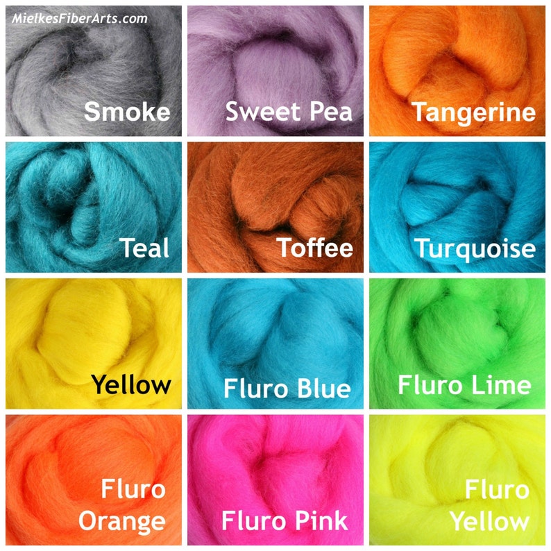 May include: A collection of 12 wool rovings in various colors, including smoke, sweet pea, tangerine, teal, toffee, turquoise, yellow, fluro blue, fluro lime, fluro orange, fluro pink, and fluro yellow.