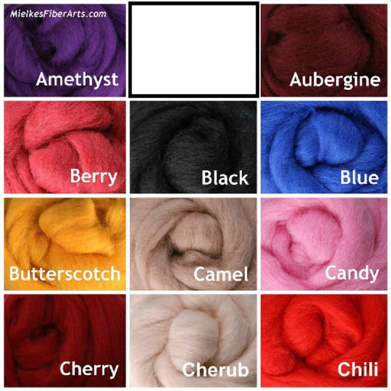 May include: A color chart of wool roving in 12 different colors: amethyst, aubergine, berry, black, blue, butterscotch, camel, candy, cherry, cherub, chili, and white.