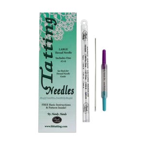 May include: A set of tatting needles in a clear plastic tube with a purple and blue cap. The tube is labeled "Handy Hands Tatting Needles" and includes sizes #3-0, #5-0, #7 Fine, and #8 Ex. Fine. The packaging includes a green and white box with the text "Tatting Needles" and "Handy Hands" on it.
