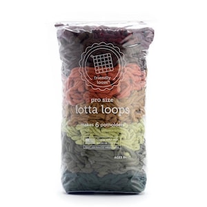 May include: A clear plastic bag filled with colorful, looped yarn. The bag features the text "friendly loom" and "lotta loops," indicating a craft kit for making potholders. The yarn colors include shades of brown, orange, pink, green, and gray.