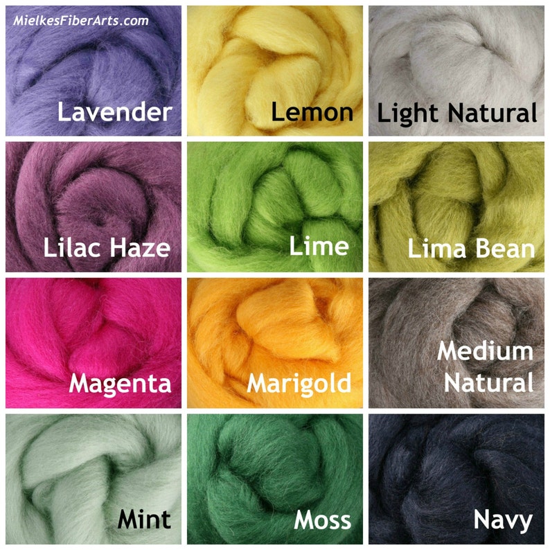 May include: A color chart of wool roving in 12 different colors, including lavender, lemon, light natural, lilac haze, lime, lima bean, magenta, marigold, medium natural, mint, moss, and navy.