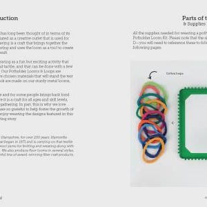 K&ouml;nnte beinhalten: Eine Seite aus einem Bastelbuch mit dem Titel Introduction und Parts of the Loom & Supplies You'll Need. Sie zeigt einen gr&uuml;nen quadratischen Webrahmen, einen Stapel bunter Baumwollschlaufen, einen Webhaken aus Metall und eine H&auml;kelnadel aus Metall mit den Beschriftungen A, B, C und D.