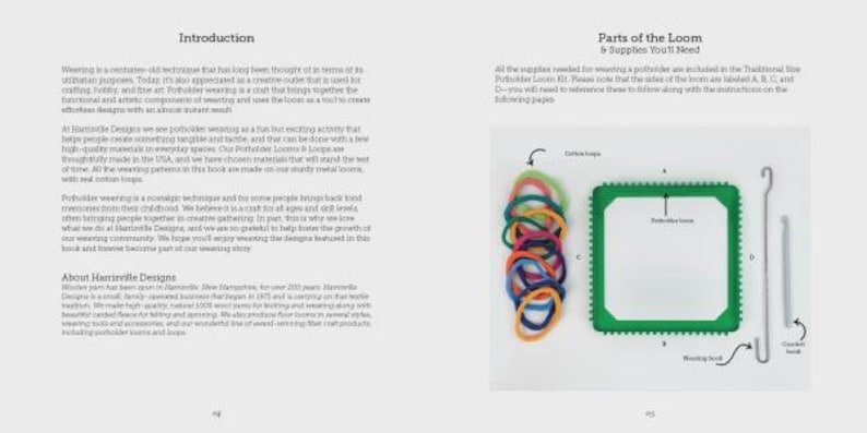K&ouml;nnte beinhalten: Eine Seite aus einem Bastelbuch mit dem Titel Introduction und Parts of the Loom & Supplies You'll Need. Sie zeigt einen gr&uuml;nen quadratischen Webrahmen, einen Stapel bunter Baumwollschlaufen, einen Webhaken aus Metall und eine H&auml;kelnadel aus Metall mit den Beschriftungen A, B, C und D.