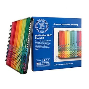 May include: A rainbow loom kit for weaving potholders. The kit includes a 10-inch metal loom frame and enough yarn to create a colorful potholder. The box features the text "discover potholder weaving" and "potholder PRO loom kit".