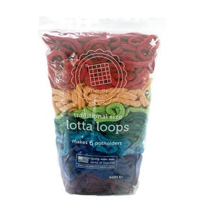 May include: A bag of rainbow colored cotton loops for making potholders. The bag is labeled "lotta loops" and "makes 6 potholders".