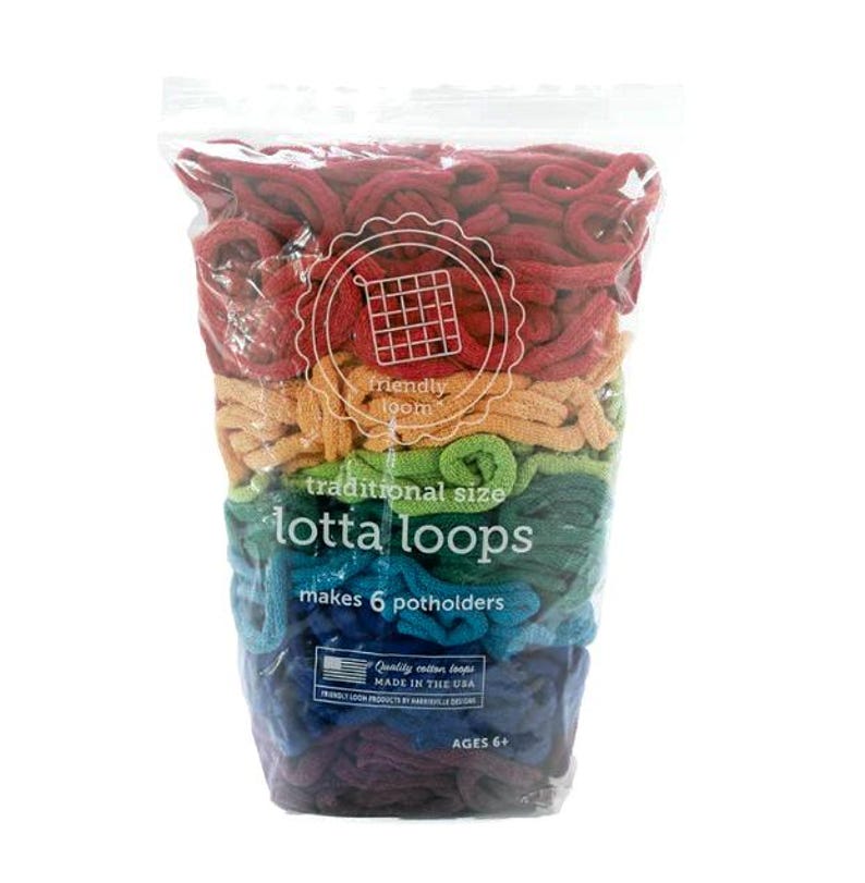 May include: A bag of rainbow colored cotton loops for making potholders. The bag is labeled "lotta loops" and "makes 6 potholders".