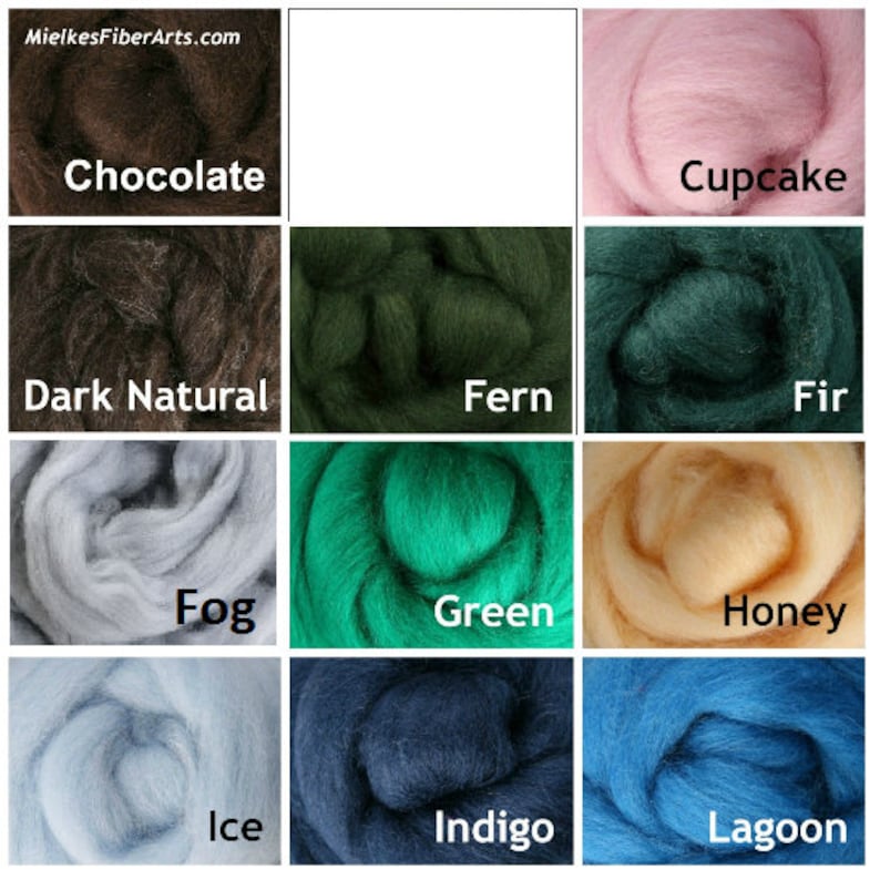 May include: A color chart of 12 wool roving colors, including Chocolate, Dark Natural, Fog, Ice, Indigo, Lagoon, Fern, Fir, Green, Honey, Cupcake, and White.  The wool roving is arranged in a grid pattern.
