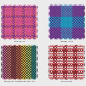 K&ouml;nnte beinhalten: Eine Sammlung von acht quadratischen Textilmustern mit verschiedenen Webdesigns. Die Muster zeigen verschiedene Farbkombinationen, darunter Pink, Lila, Lachs, Rot, Orange, Gelb, Limette, Pfau, Blau, T&uuml;rkis und Wei&szlig; in Gitter- und Streifenlayouts.