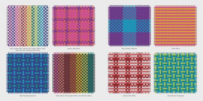 K&ouml;nnte beinhalten: Eine Sammlung von acht quadratischen Textilmustern mit verschiedenen Webdesigns. Die Muster zeigen verschiedene Farbkombinationen, darunter Pink, Lila, Lachs, Rot, Orange, Gelb, Limette, Pfau, Blau, T&uuml;rkis und Wei&szlig; in Gitter- und Streifenlayouts.