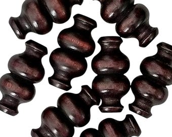Dark Brown Macrame Wood Beads - Large Double Vase Shape - 50 mm - Set of 8 - 1970s
