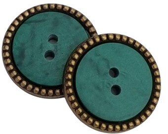 Teal Plastic & Antiqued Gold-tone Metal Buttons - 18 mm or 11/16" - Set of 6 - Dill