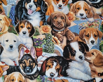 Dog Design Cotton Fabric - 1 Yard Remnant - Garden Puppies by David Textiles