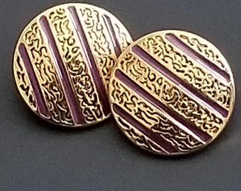 Purple Enamel & 24K Gold-Plated Striped Buttons - 15mm or 5/8" - Set of 6 - Dill