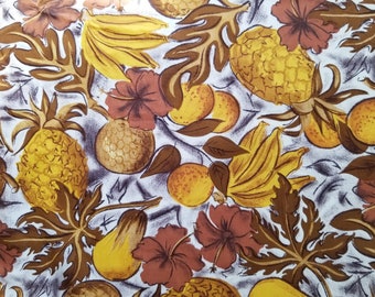 Tropical Fruit & Flower Cotton Fabric in Shades of Brown and Yellow - Remnant 53" long and 38" wide