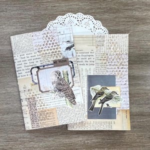 Può includere: Due biglietti di carta fatti a mano con un collage di pagine di libri d'epoca, scritte e illustrazioni di uccelli. Un biglietto presenta un gufo, l'altro due uccelli. È visibile un centrino di carta decorativo.