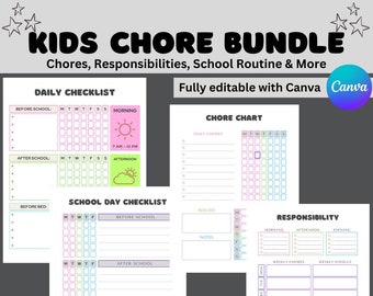 Editable Kids Chore Charts, Responsibility Charts, Kids Daily Checklists Canva, Daily Routine Chart For Kids Printable