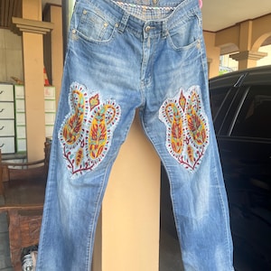 32&quot; Vintage Handmade Custom Distressed Paisley Denim Pants Patchwork Upcycled Boyfriend Jeans